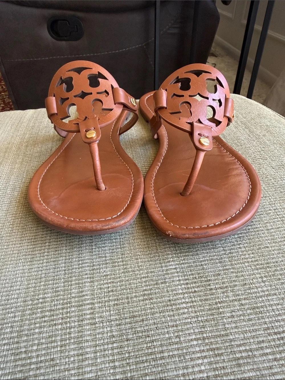 Tory Burch Cognac Leather Logo Thong Sandals